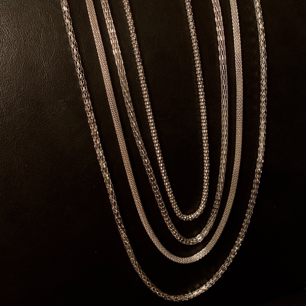 Silver Tone Multistrand Necklace, Staggered, mesh style chain